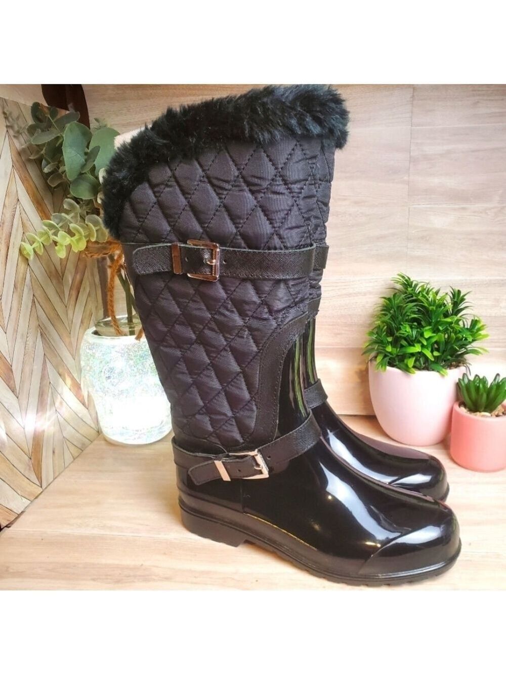 Michael Kors Snow Rain Boots Puffer Faux Fur Black Silver Size 7